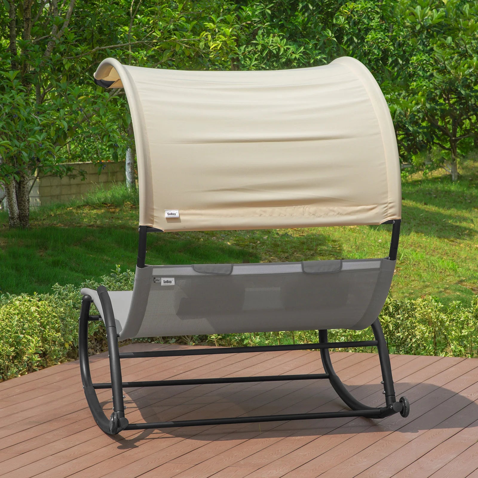 Leżanka ogrodowa dla 2 osób – bujana z daszkiem